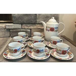 Vintage Kalocsa Teapot Saucers & Cup Lot Handpainted Hungary